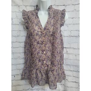 dm bm Floral Ruffle Sleeveless Blouse Purple Tan Pintuck Peplum Top Medium